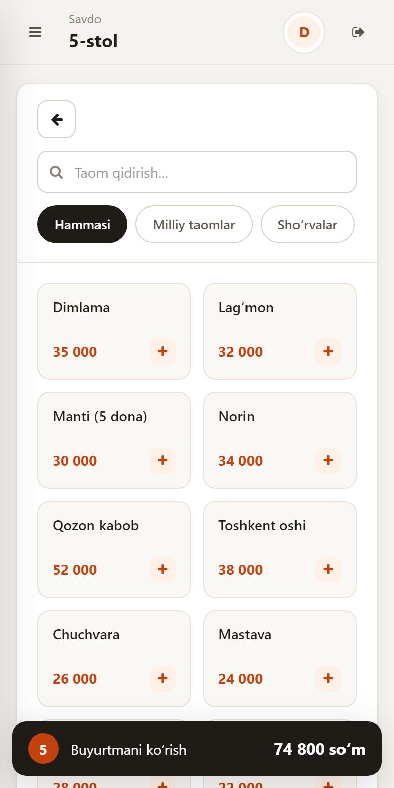 Telefonda buyurtma olish ekrani: ofitsant buyurtmani telefon brauzeridan kiritadi.